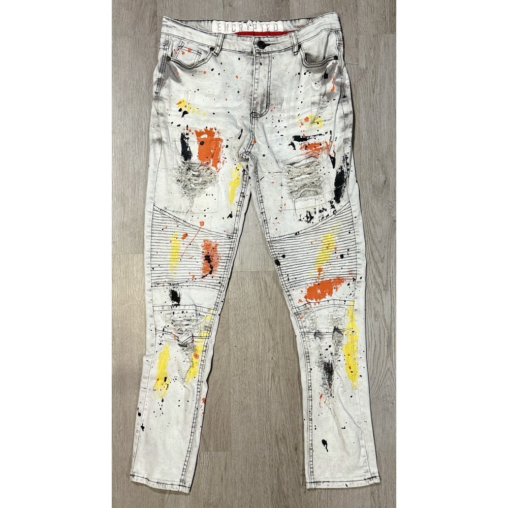 Encrypted Paint Splatter Slim Tapered Jeans Men's 34x30 Y2K Streetwear Hip Hop